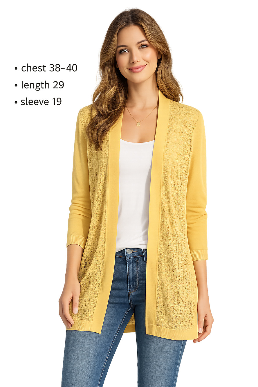 Ann Taylor Loft Yellow Pointelle Knit 100% Cotton Open Cardigan Sweater sz M